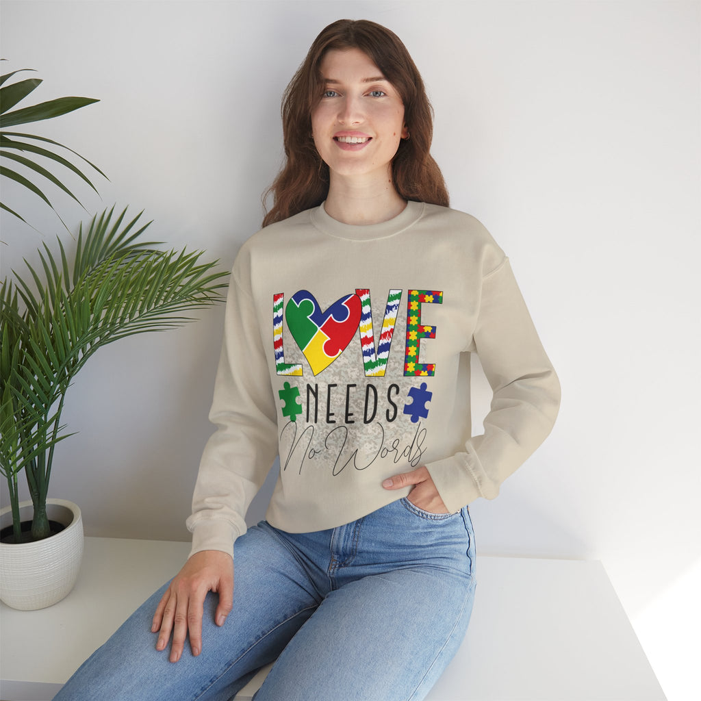 Autism Awareness Crewneck Sweatshirt — "Love Needs No Words" Puzzle Heart Design
