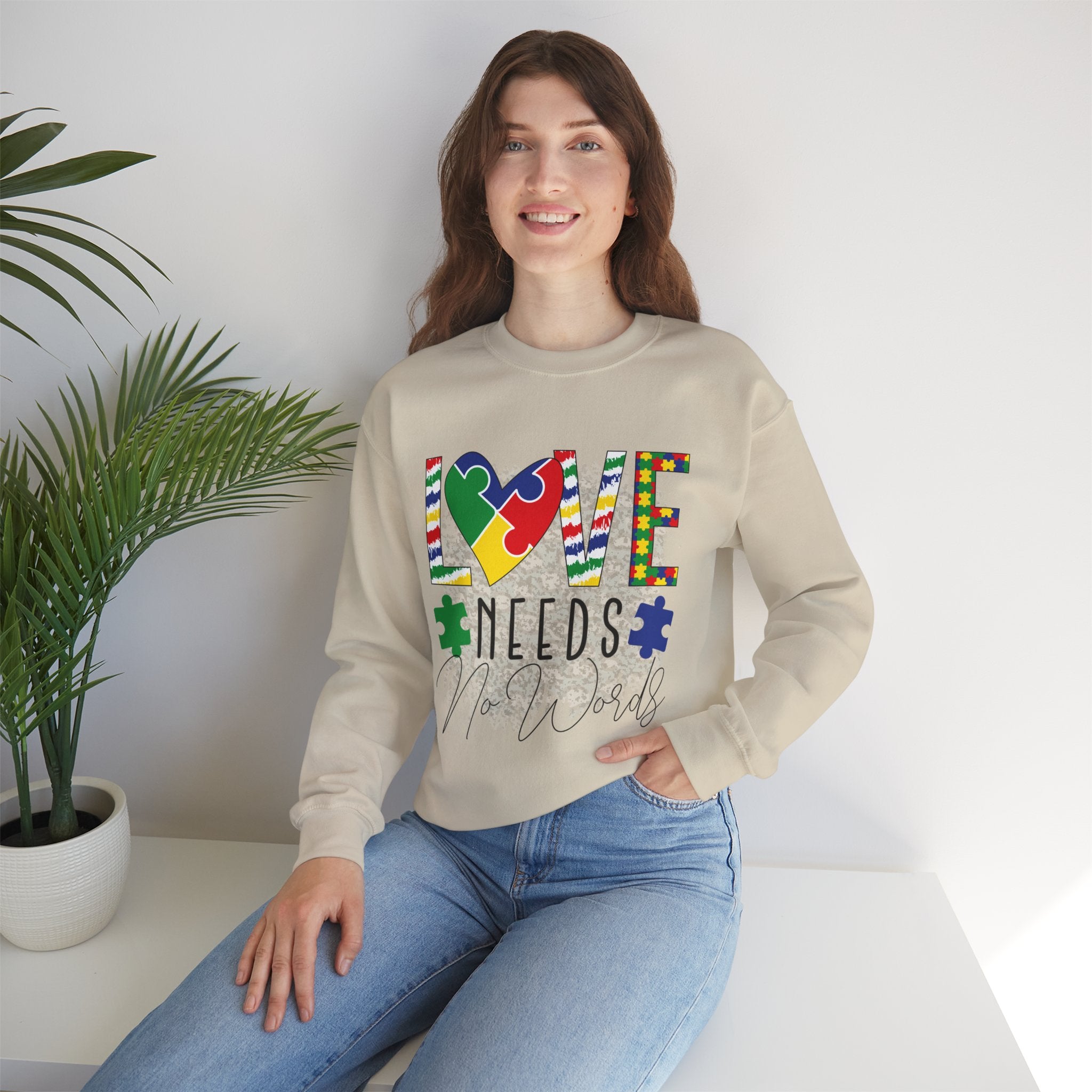 Autism Awareness Crewneck Sweatshirt — "Love Needs No Words" Puzzle Heart Design