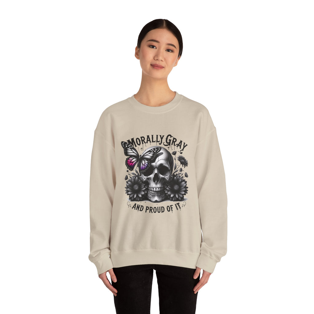 Morally Gray Skull Crewneck Sweatshirt – "Morally Gray and Proud of It" Gothic Butterfly Design