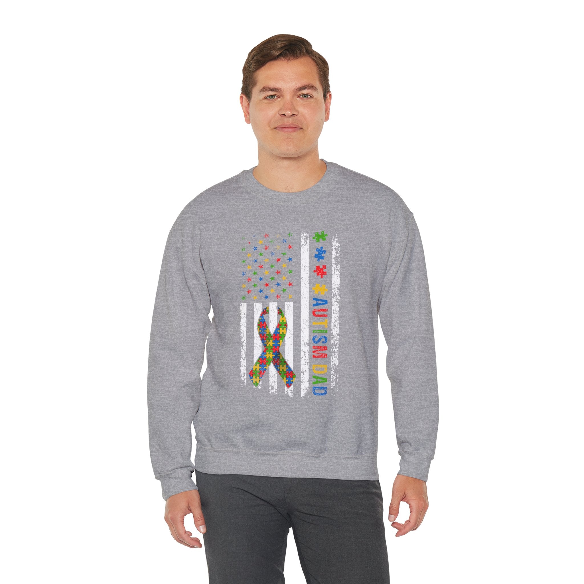 Autism Dad Puzzle Ribbon Crewneck Sweatshirt — Supportive Autism Awareness Pullover