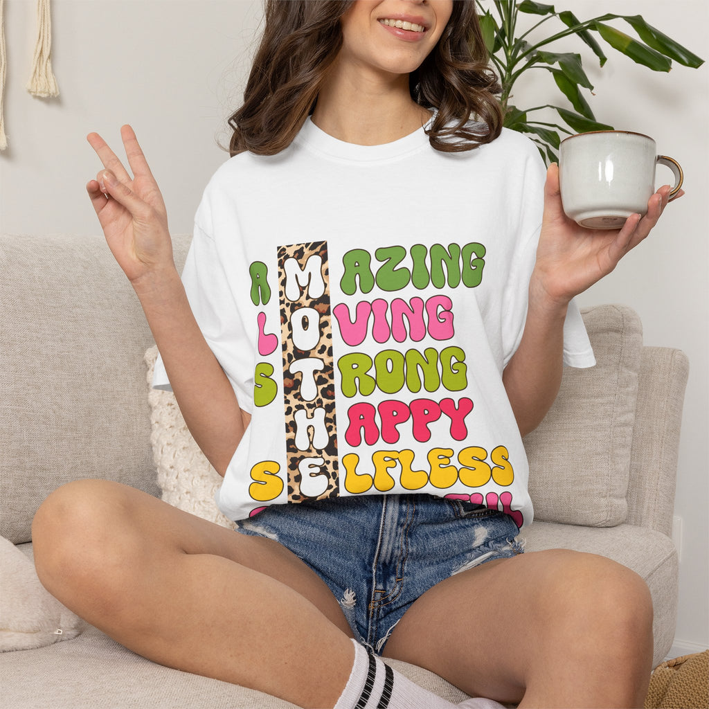Mother Acrostic Graphic T-Shirt — Retro Bubble Letters & Leopard Accent