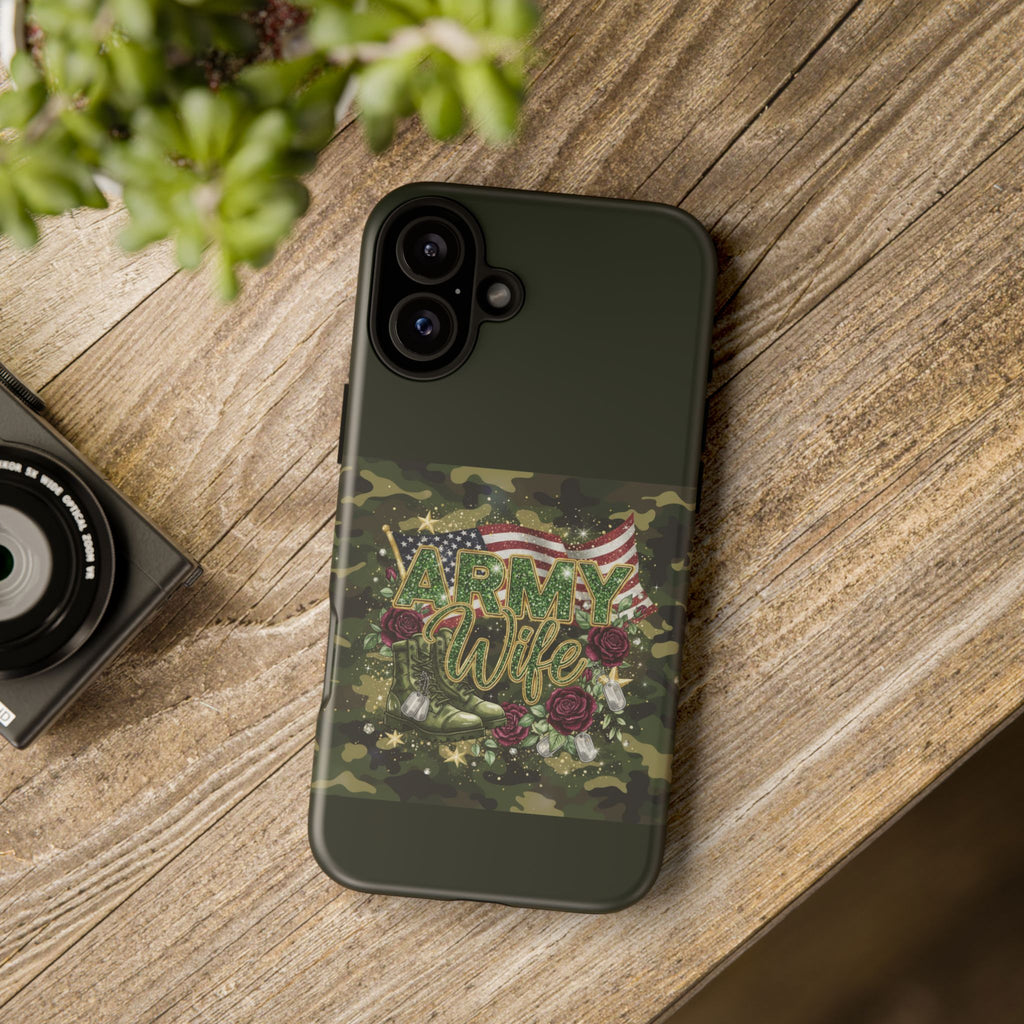 Army Wife Tough Phone Case — Camo Flag Design with Roses