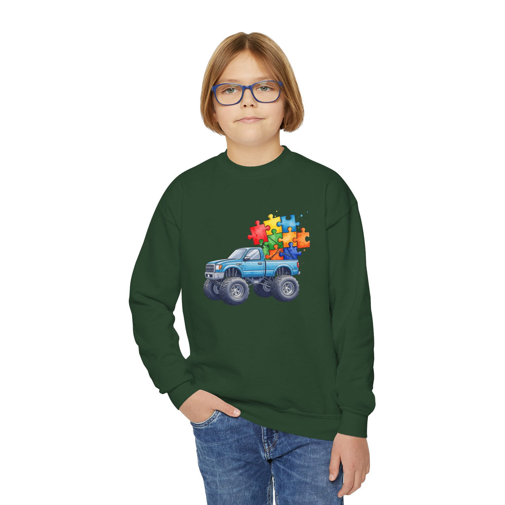 Kids Monster Truck Sweatshirt with Colorful Puzzle Pieces – Autism Awareness Crewneck