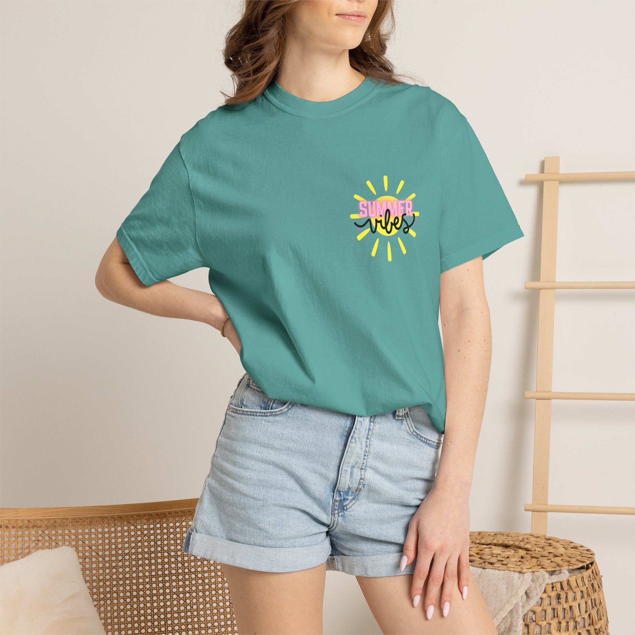 Summer Vibes T-Shirt — Pink Floatie & Checkered Graphic