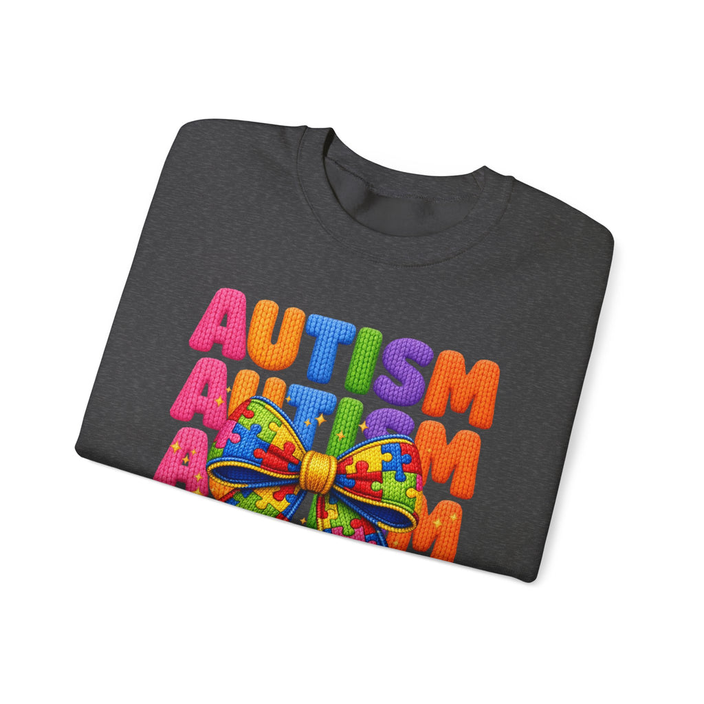 Autism Awareness Crewneck Sweatshirt — Colorful Puzzle Bow Design