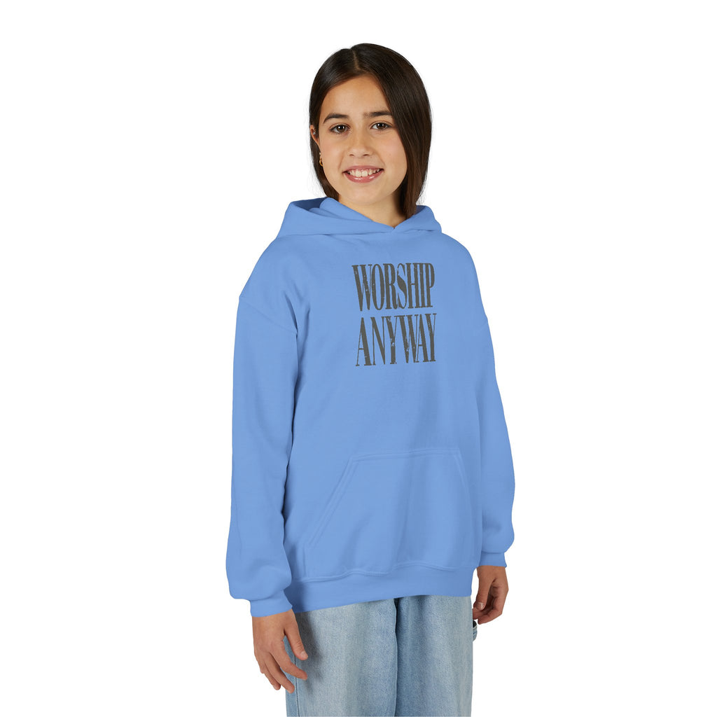 Youth Hoodie — "Worship Anyway" Minimalist Faith Pullover