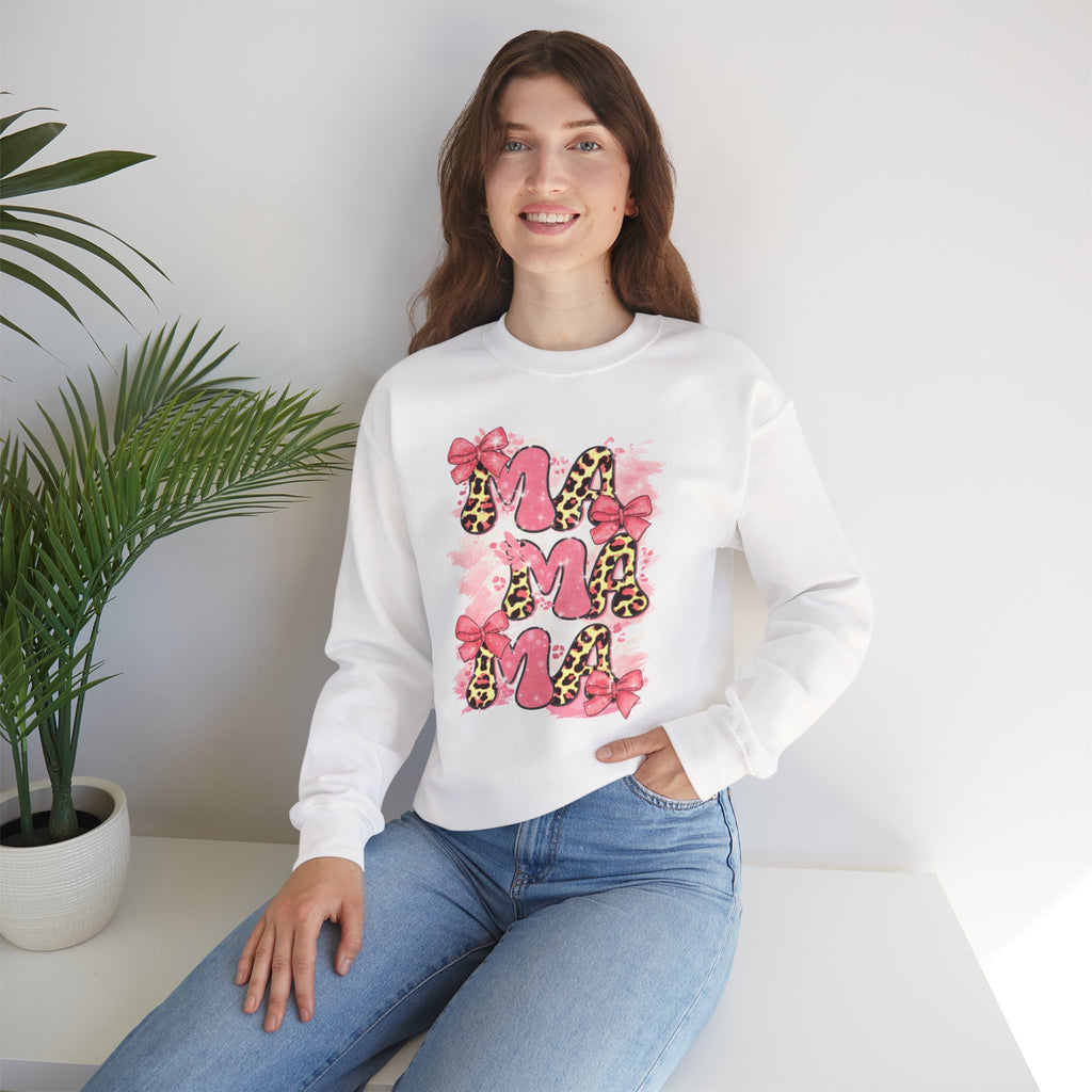 Sweatshirt — Pink Leopard “MOM” Design with Bows | Mother’s Day Cozy Crewneck