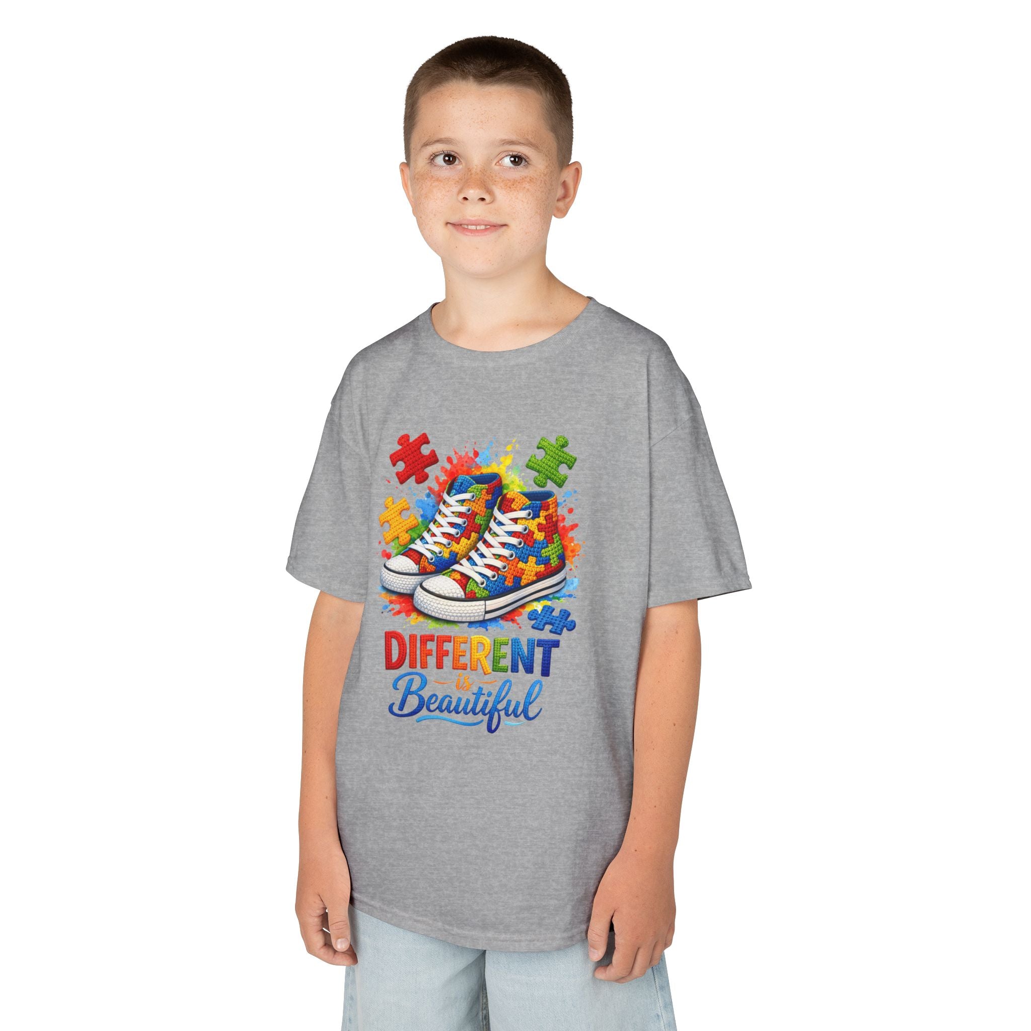 Kids T‑Shirt — 'Different Beautiful' Autism Awareness Sneakers Design