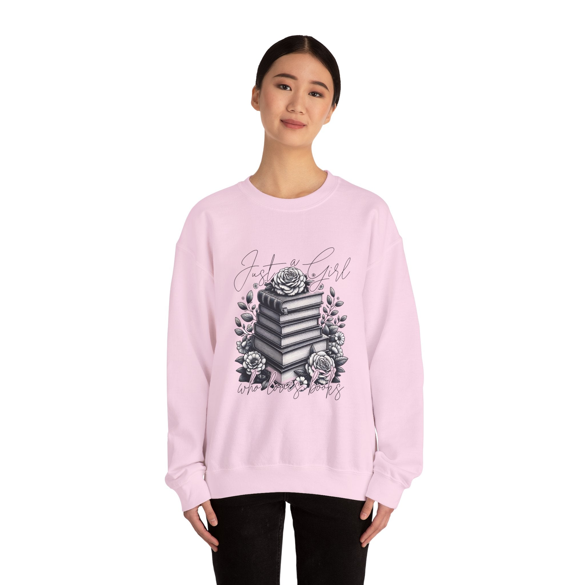 Book Lover Crewneck Sweatshirt — "Just a Girl Who Loves Books" Floral Stack Design