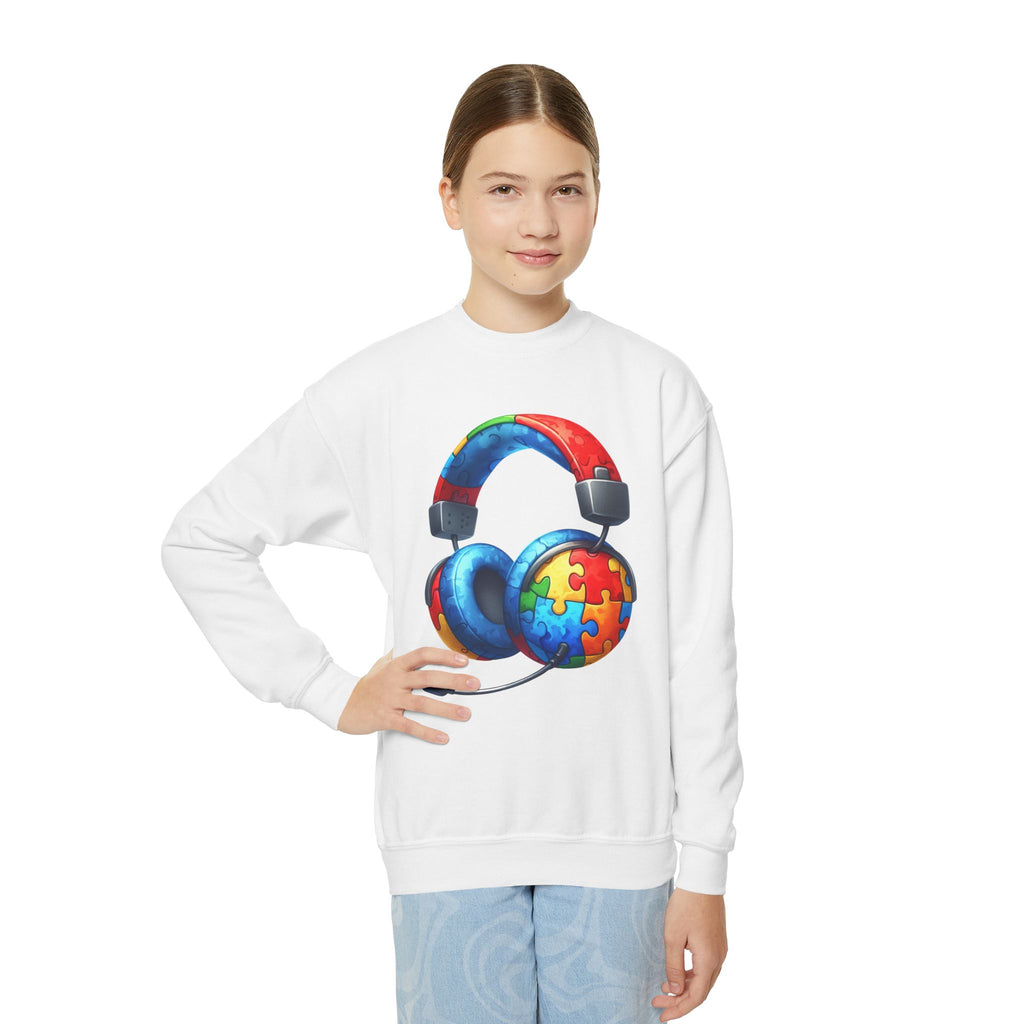 Youth Crewneck Sweatshirt — Colorful Headphones with Puzzle Heart Graphic (Autism Awareness)