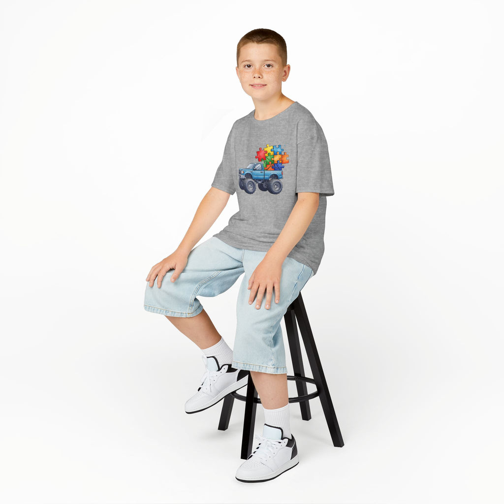 Kids Monster Truck Autism Awareness T‑Shirt — Puzzle Piece Ride
