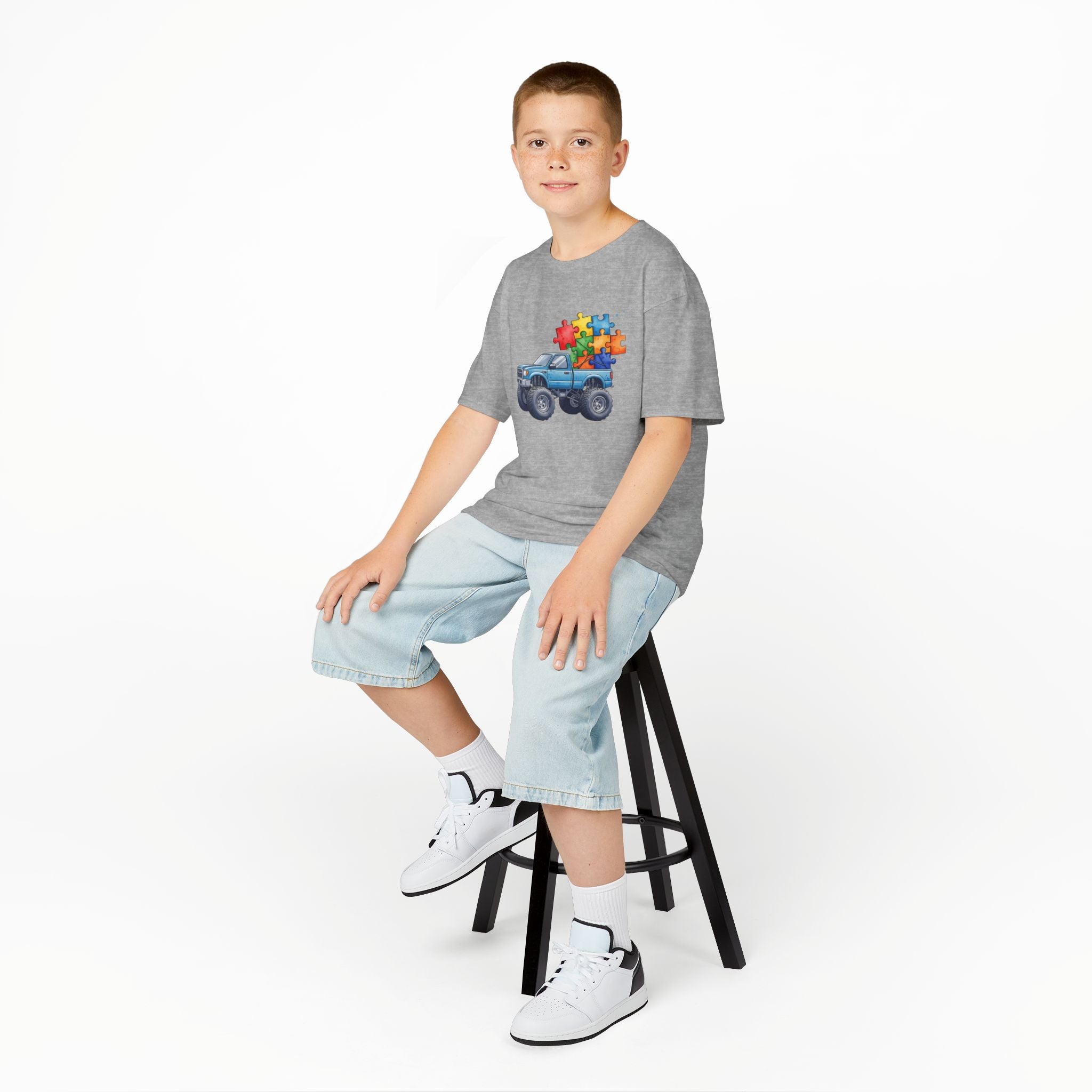Kids Monster Truck Autism Awareness T‑Shirt — Puzzle Piece Ride