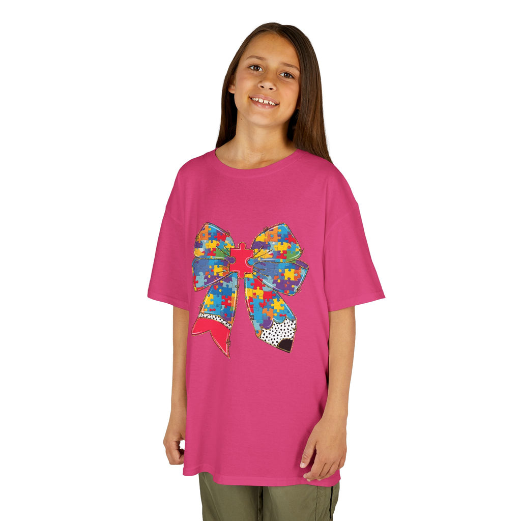 Autism Awareness Puzzle Bow Kids T‑Shirt – Autism Acceptance Gift