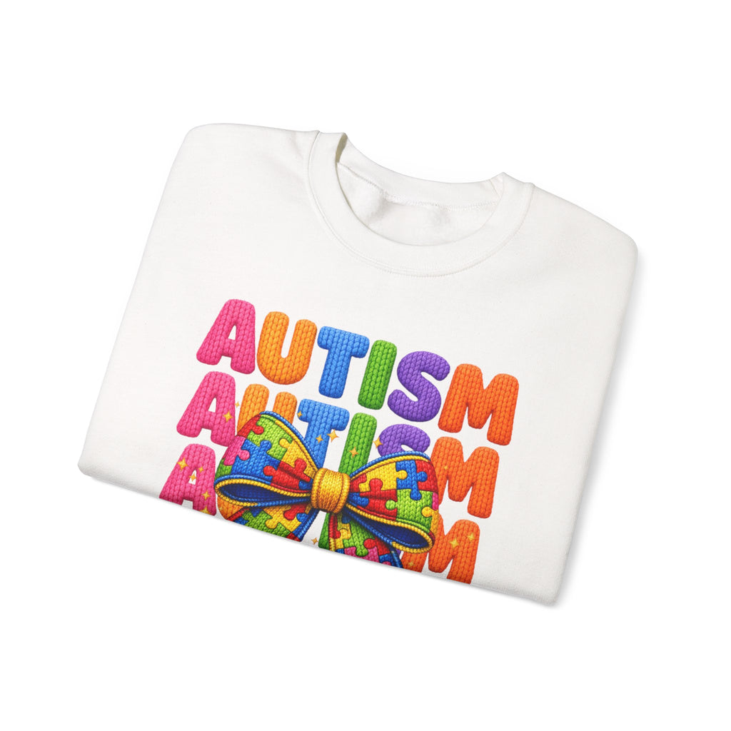 Autism Awareness Crewneck Sweatshirt — Colorful Puzzle Bow Design