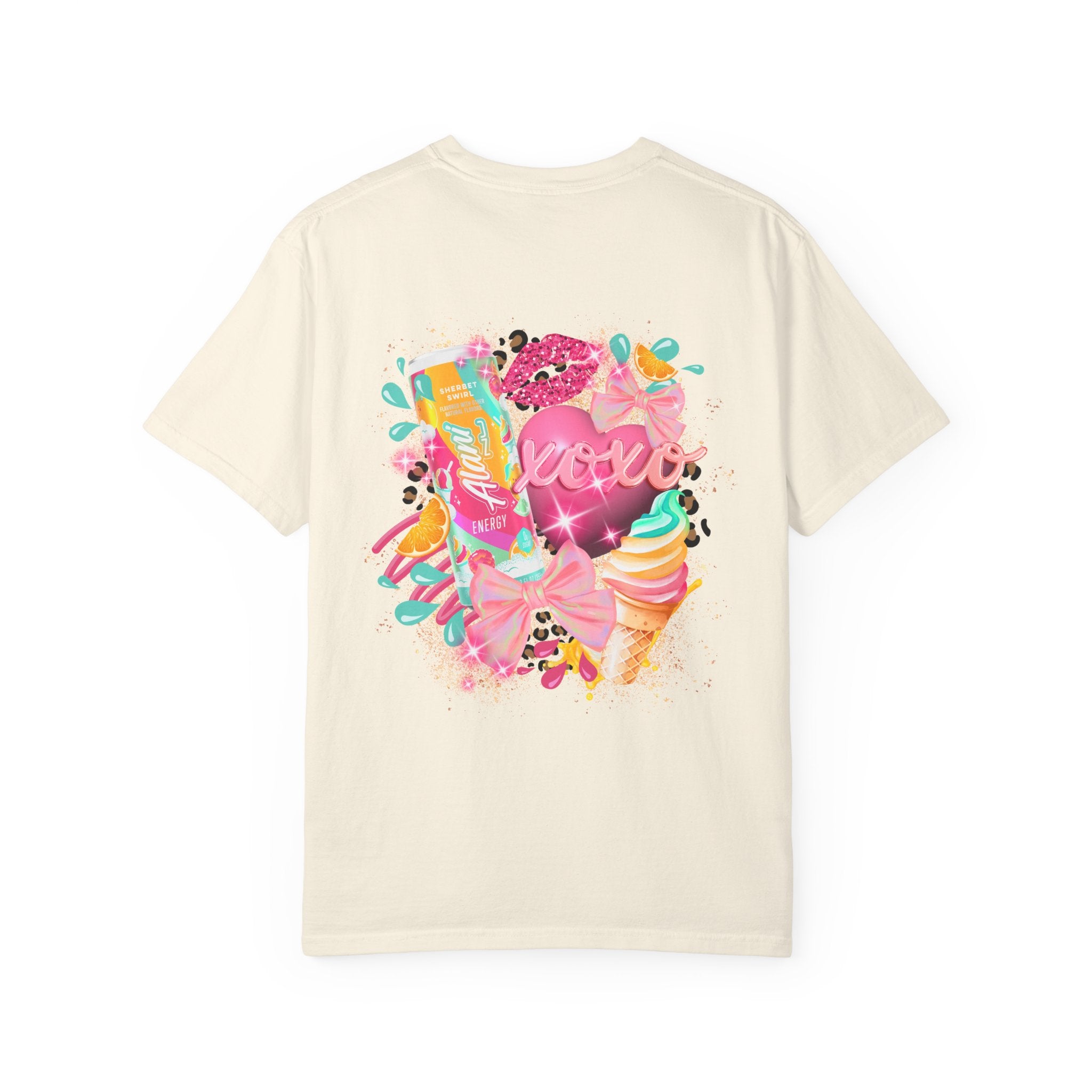 Graphic T-Shirt — Vibrant Pink Dessert Collage with 'Alani Nu' Chest Script