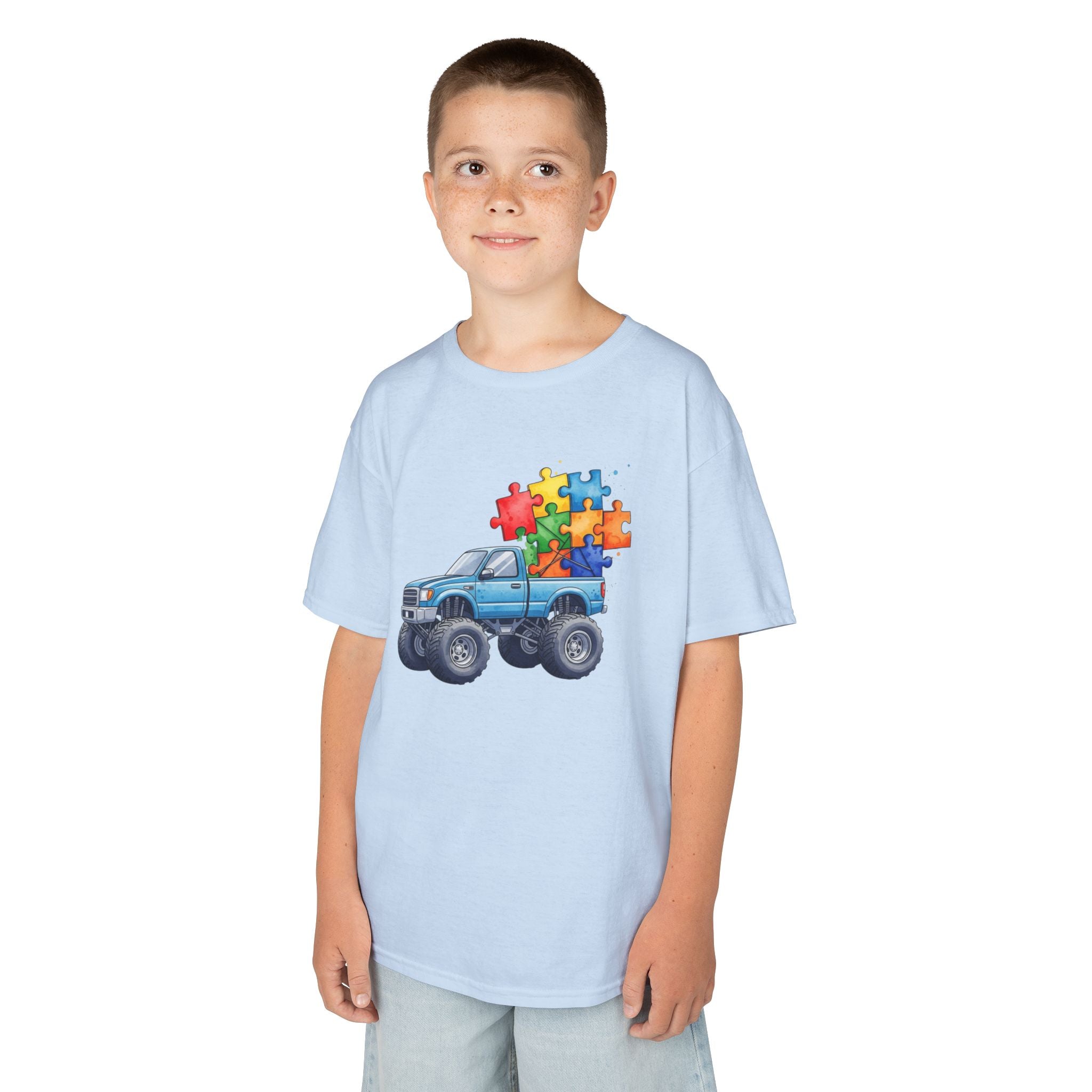 Kids Monster Truck Autism Awareness T‑Shirt — Puzzle Piece Ride