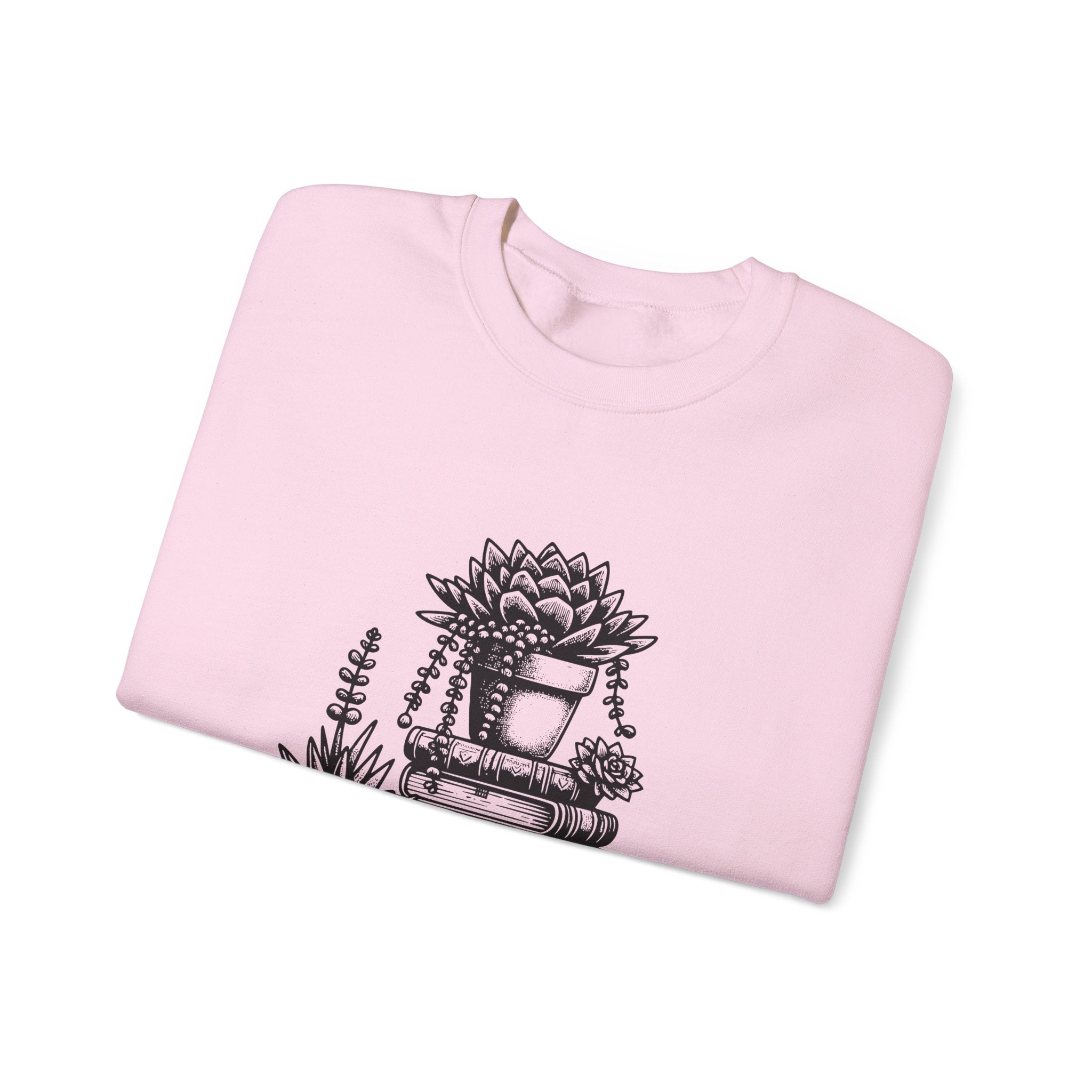 Book Lover Sweatshirt — “Just a Girl Who Loves Books” Cozy Crewneck with Succulent Stack Design