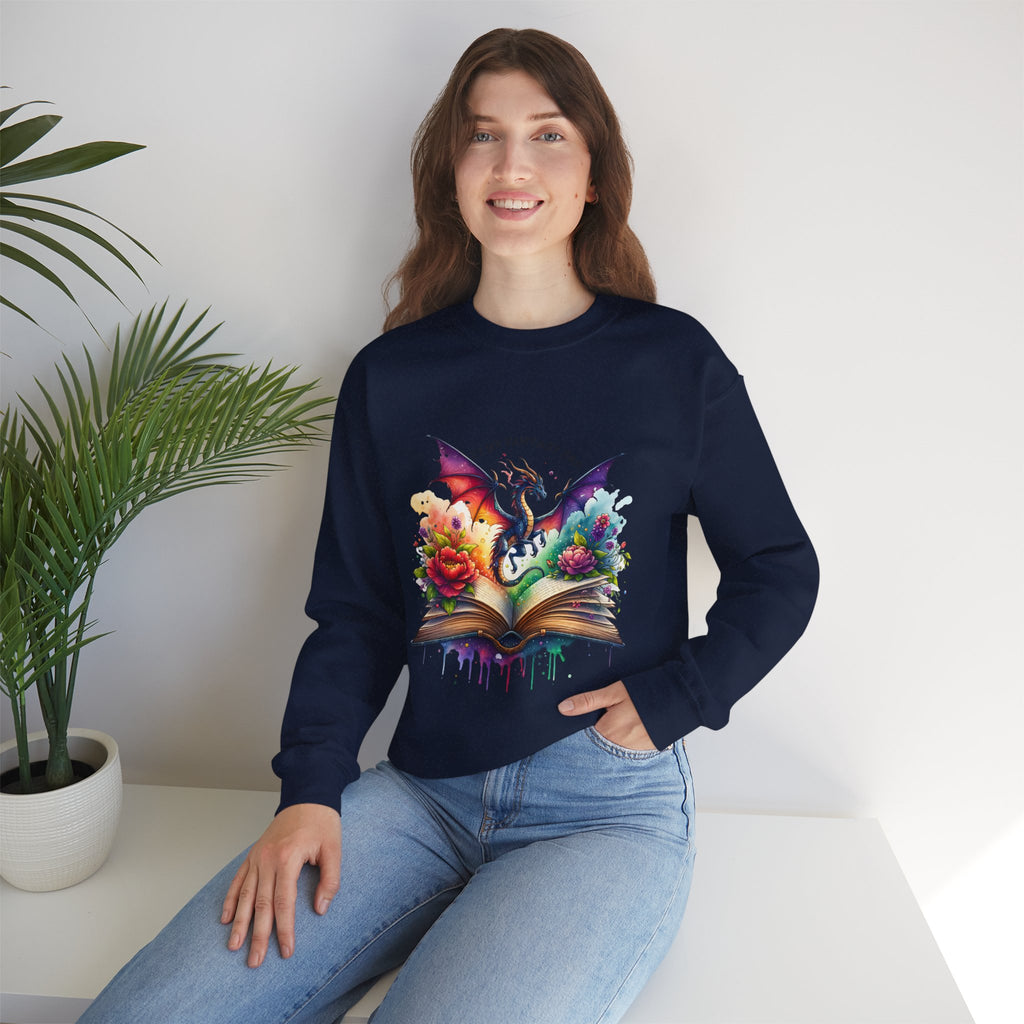 Crewneck Sweatshirt — Fantasy Dragon Emerging From Open Book with Flowers