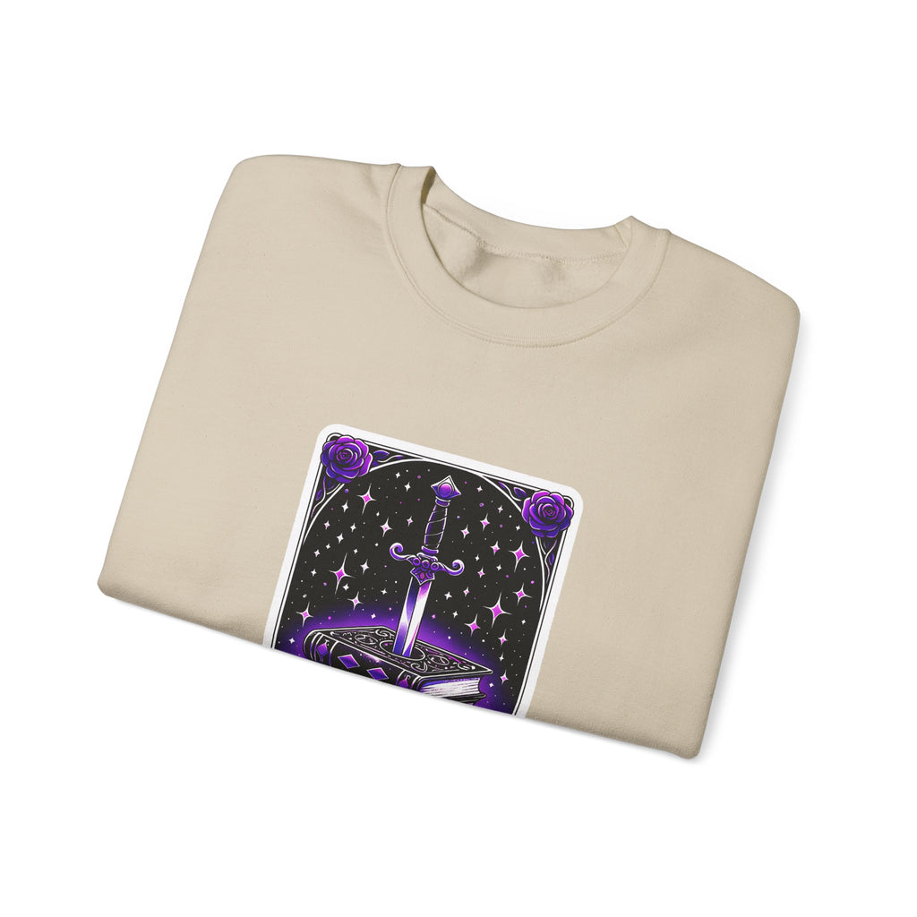 Crewneck Sweatshirt — The Bookish Witch: 'The Enchanted Book Club' Purple Sword & Books Graphic