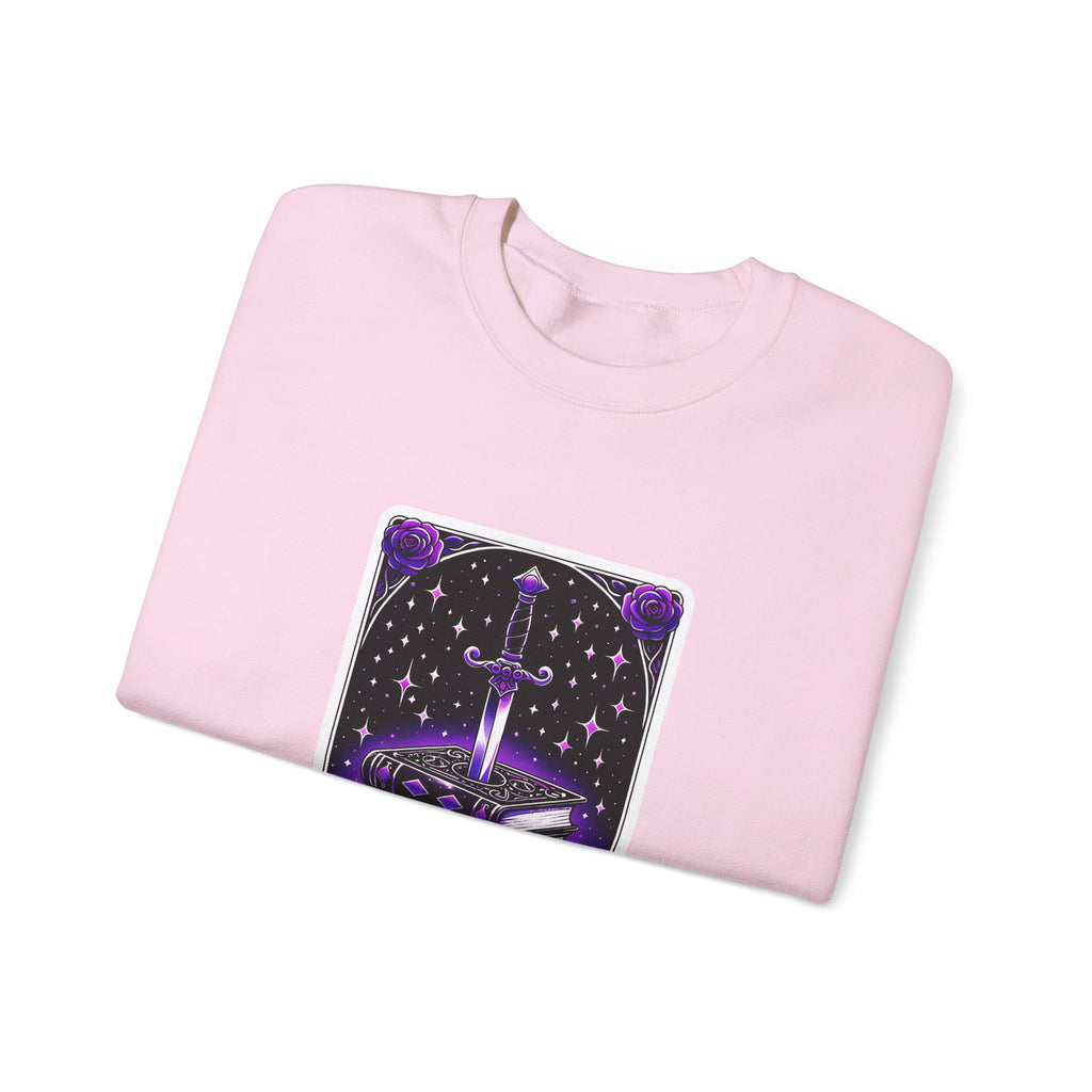 Crewneck Sweatshirt — The Bookish Witch: 'The Enchanted Book Club' Purple Sword & Books Graphic
