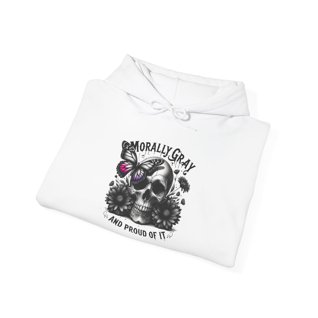 Hoodie — "Morally Gray and Proud of It" Skull & Butterfly Graphic