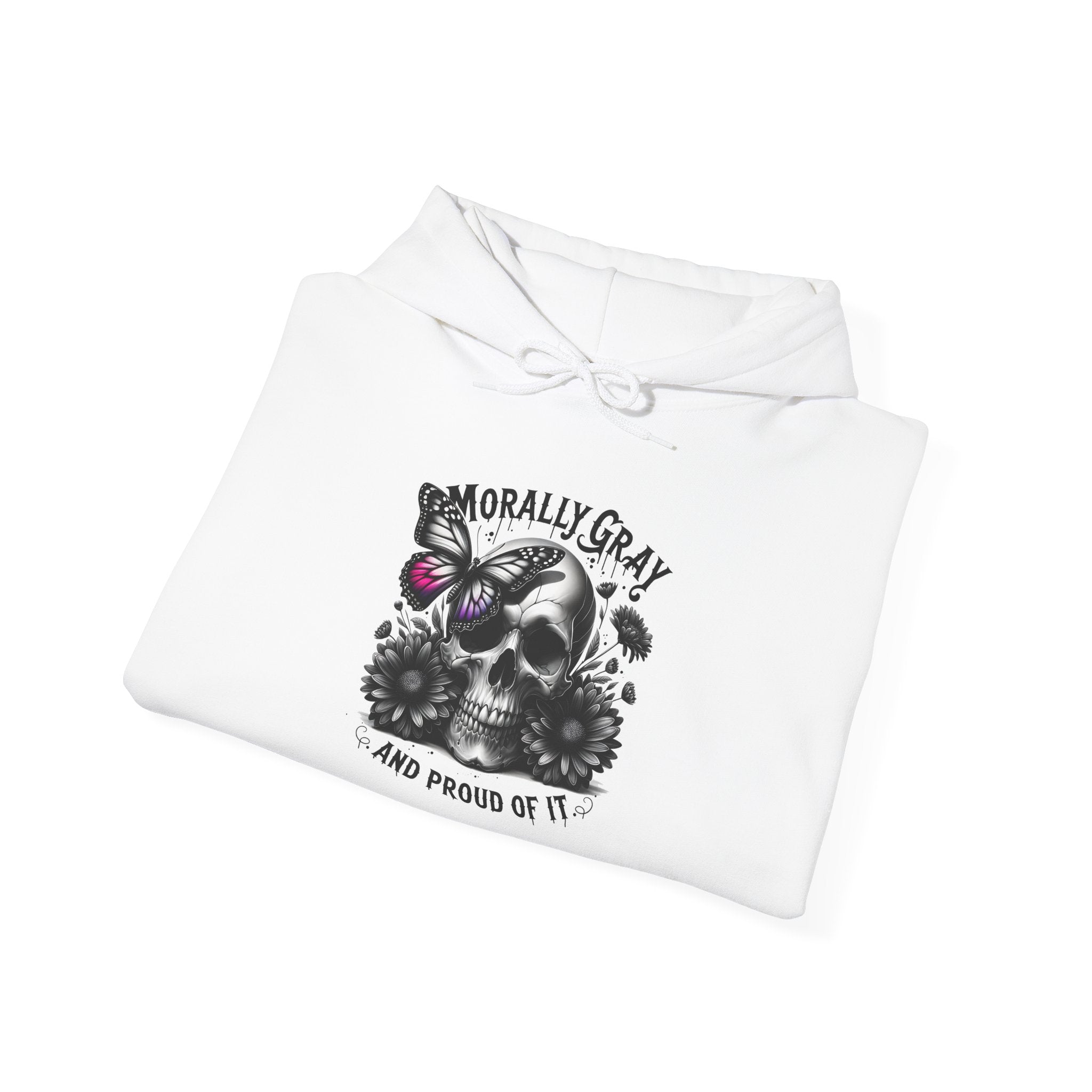 Hoodie — "Morally Gray and Proud of It" Skull & Butterfly Graphic