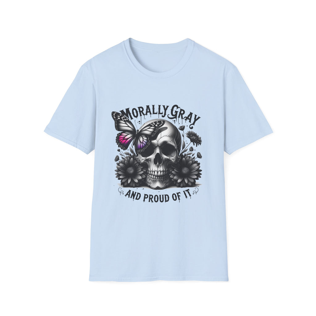 Morally Gray Skull T-Shirt — "Morally Gray and Proud of It" Gothic Butterfly Tee