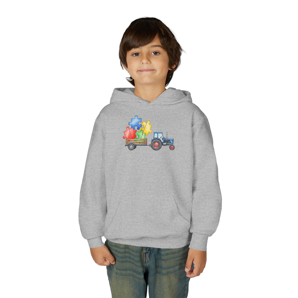 Kids Tractor Hoodie with Colorful Puzzle Pieces — Autism Awareness Youth Sweatshirt