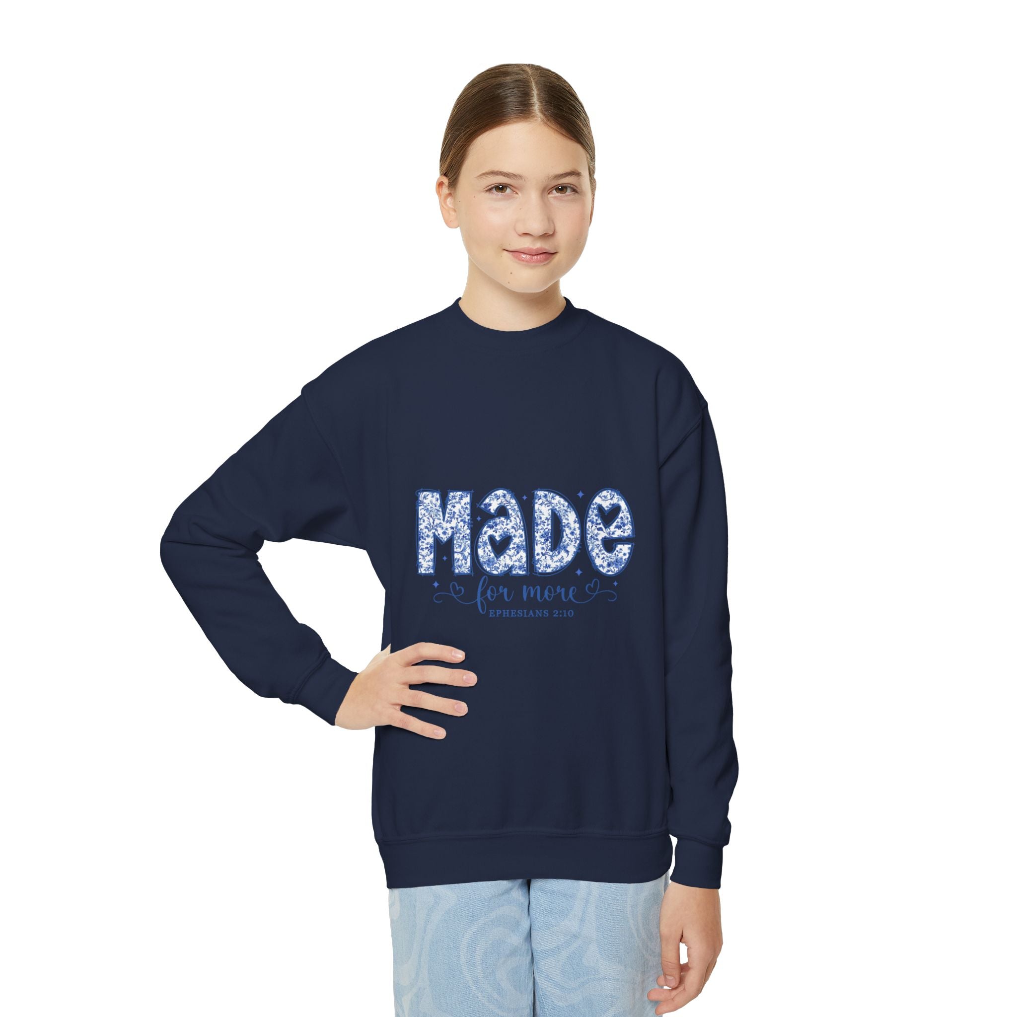 Youth Crewneck Sweatshirt — "Made for More" Floral Script Youth Sweatshirt