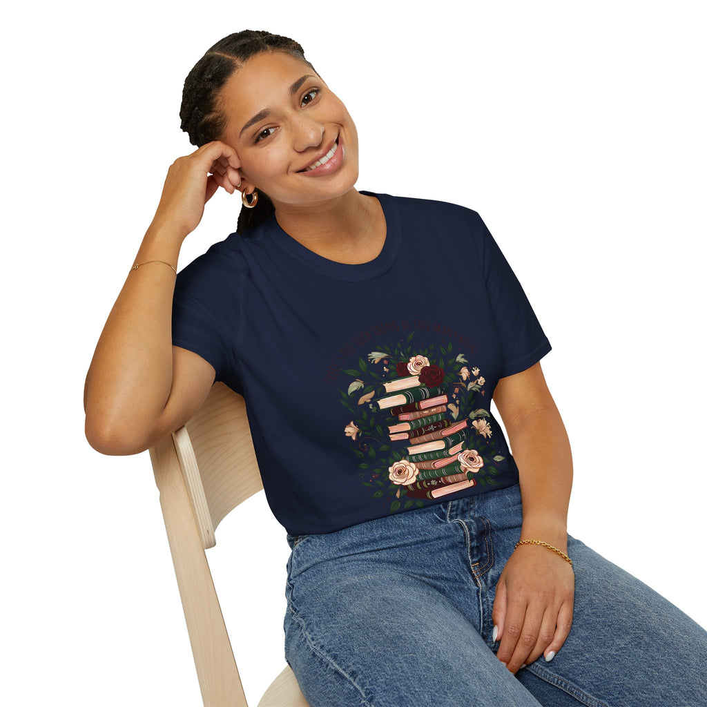 Book Lover Stack T-Shirt — "Books and Tea are My Happy Place" Floral Reading Tee