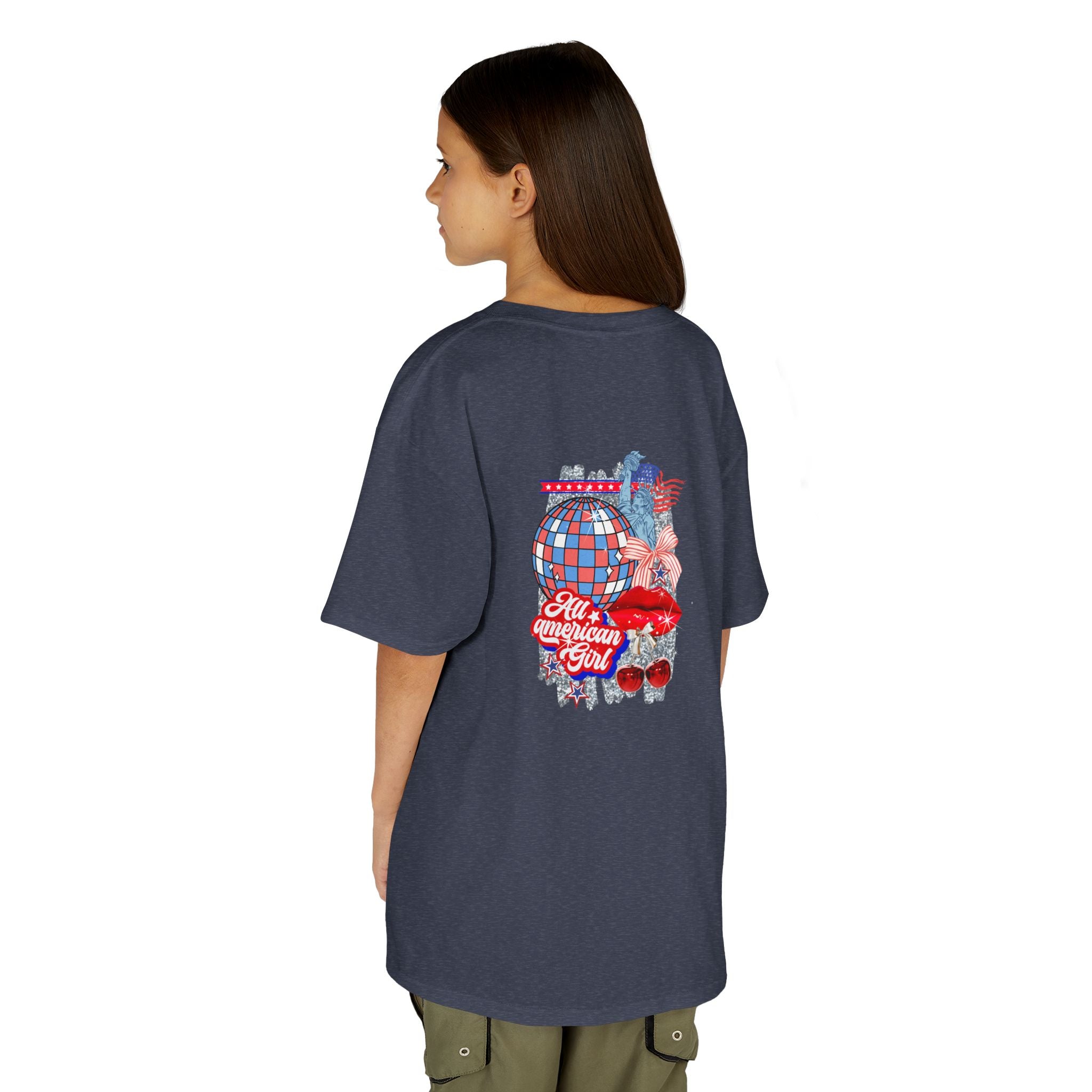 Kids Tee — Patriotic Cherry Graphic "All American Girl" — 4th of July Summer Shirt