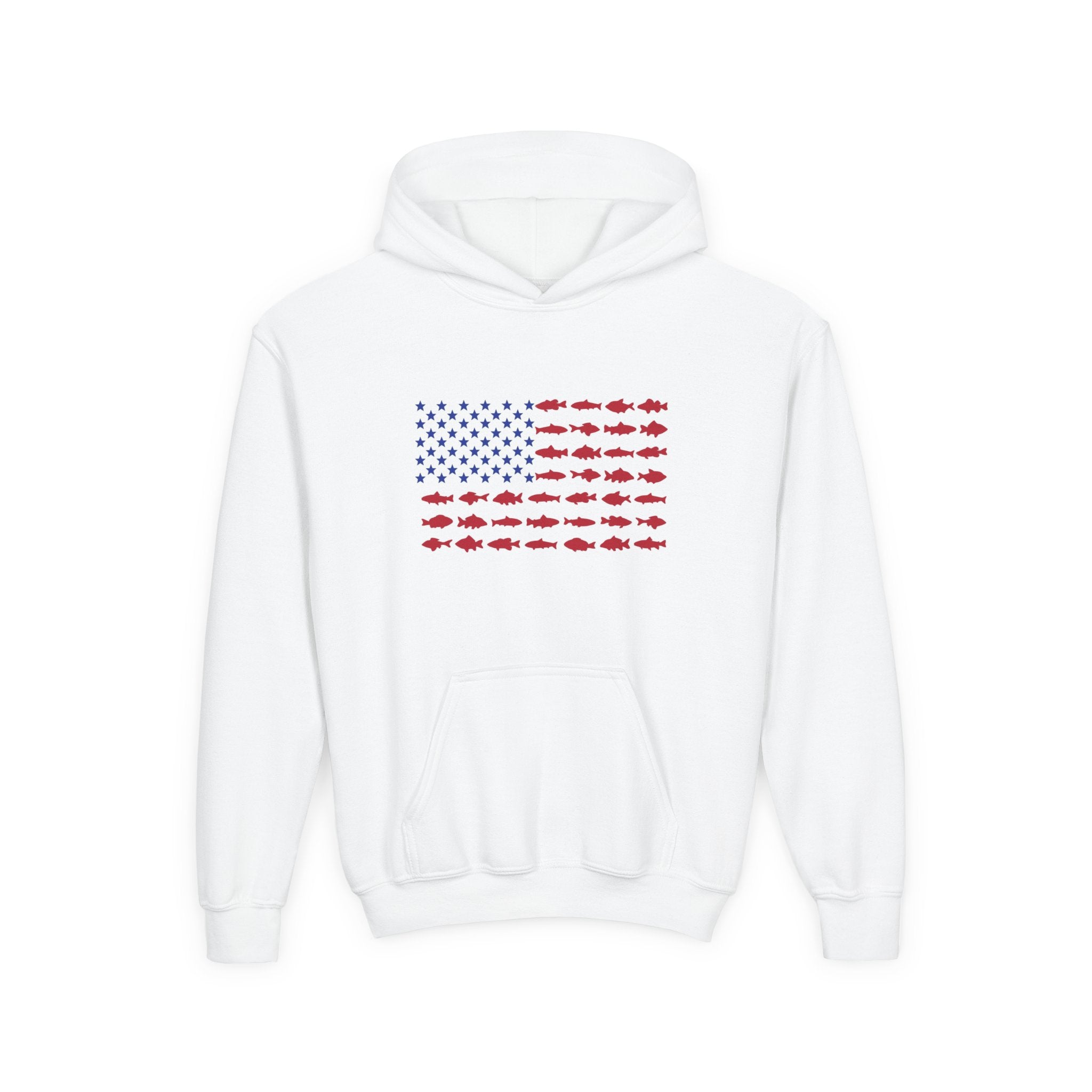 Youth Hoodie — American Flag Made of Fish Graphic (Patriotic Kids Fishing Gift)