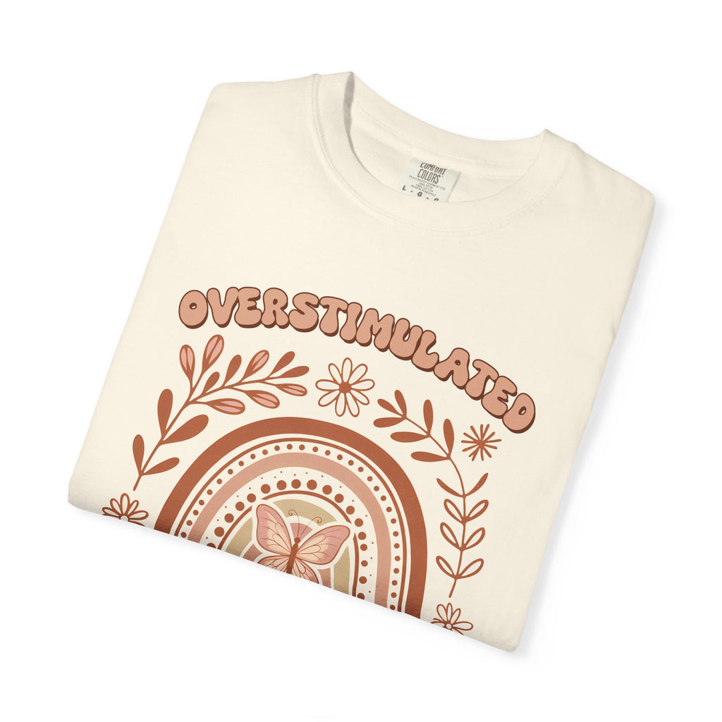 Moms Club Tee — "Overstimulated" Retro Floral Rainbow Mother's Day Shirt