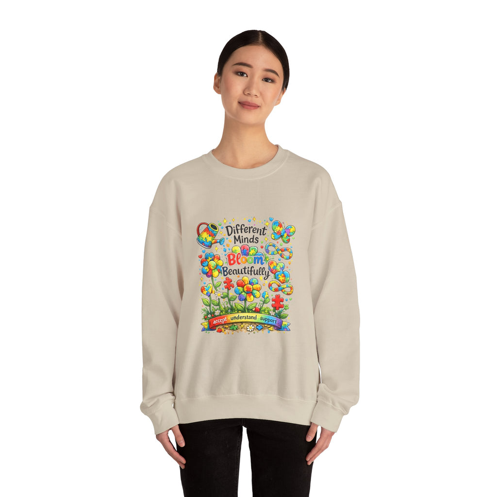 Autism Awareness Crewneck Sweatshirt — “Different Minds Bloom Beautifully” Colorful Puzzle Flower Design