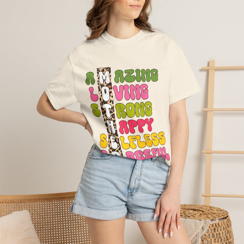 Mother Acrostic Graphic T-Shirt — Retro Bubble Letters & Leopard Accent