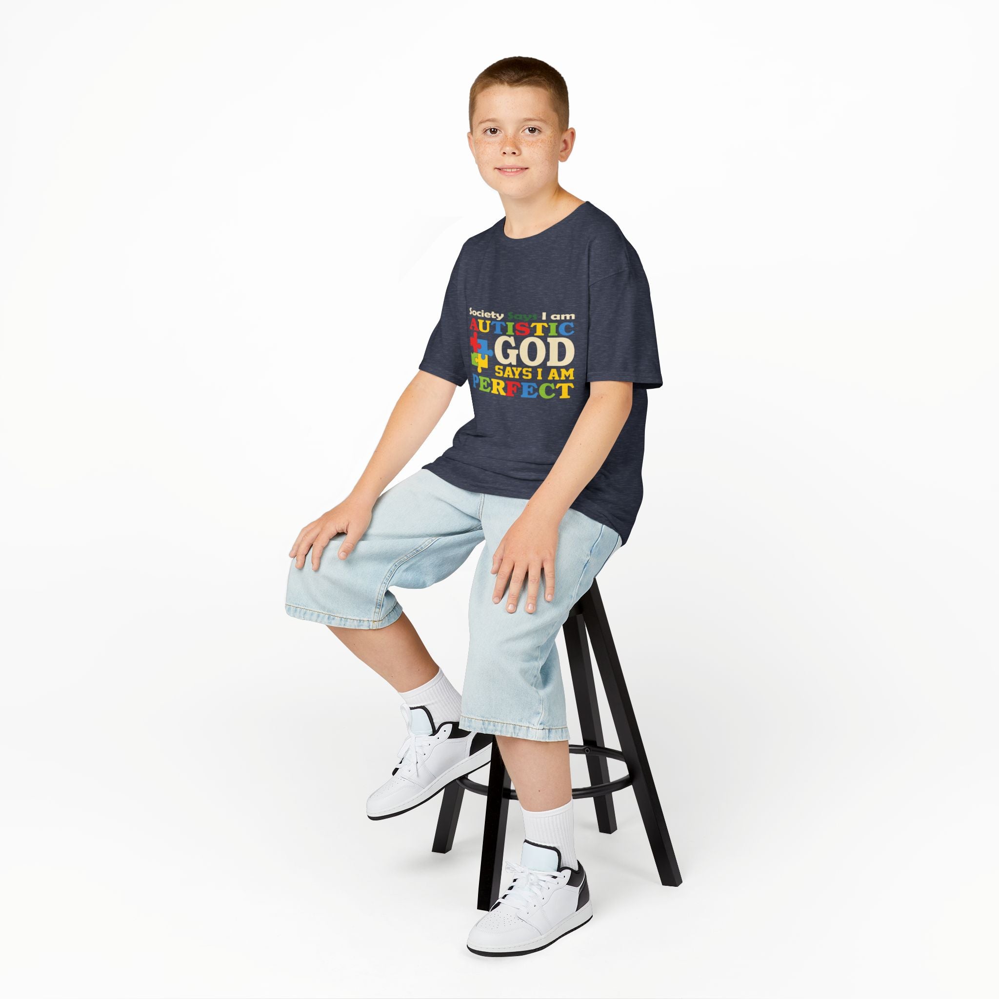 Kids Tee — "Autistic Says God Says I Am Perfect" Rainbow Puzzle Piece Autism Awareness Shirt
