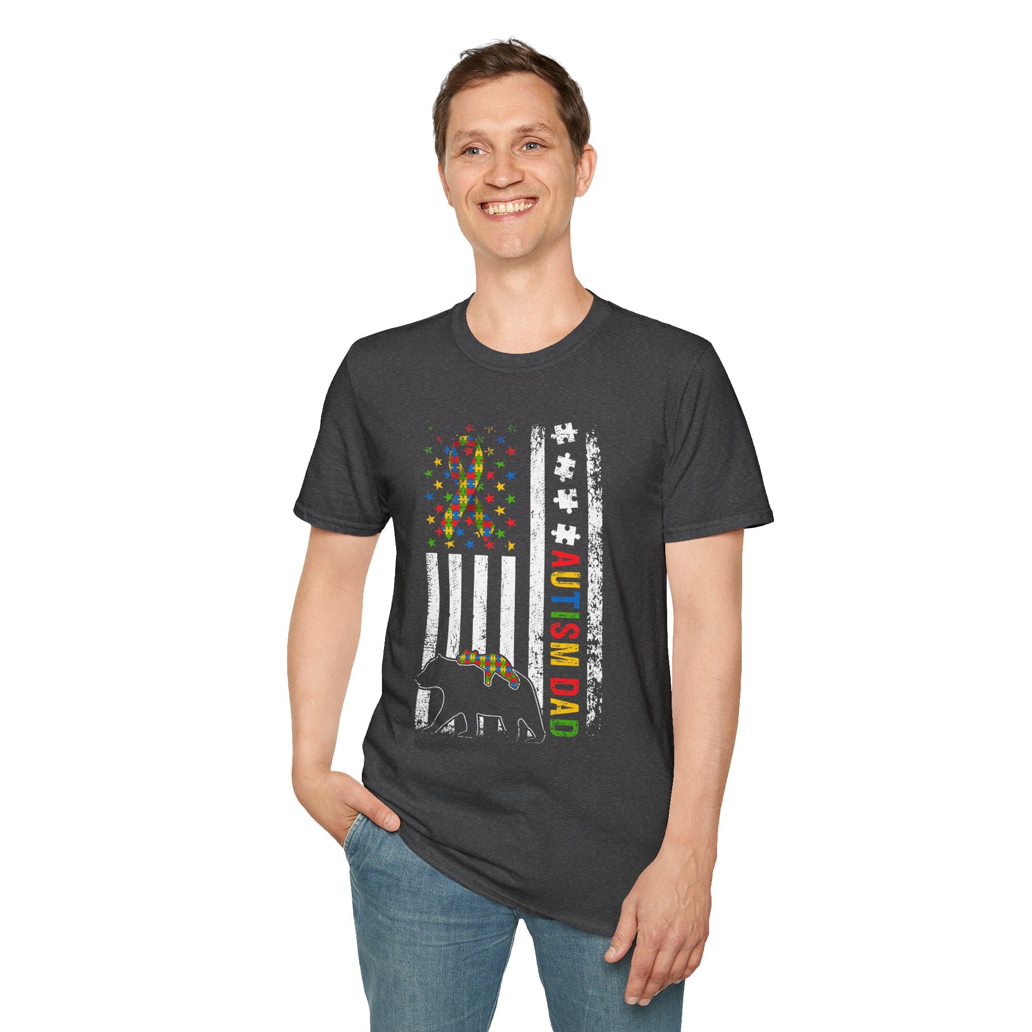 Autism Dad Flag T-Shirt — Puzzle Ribbon Elephant Pride Tee