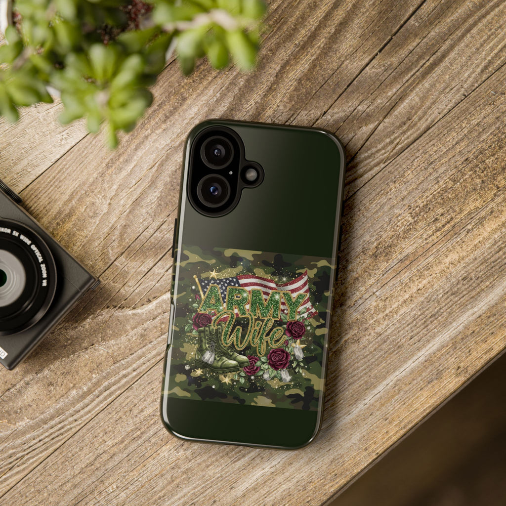 Army Wife Tough Phone Case — Camo Flag Design with Roses