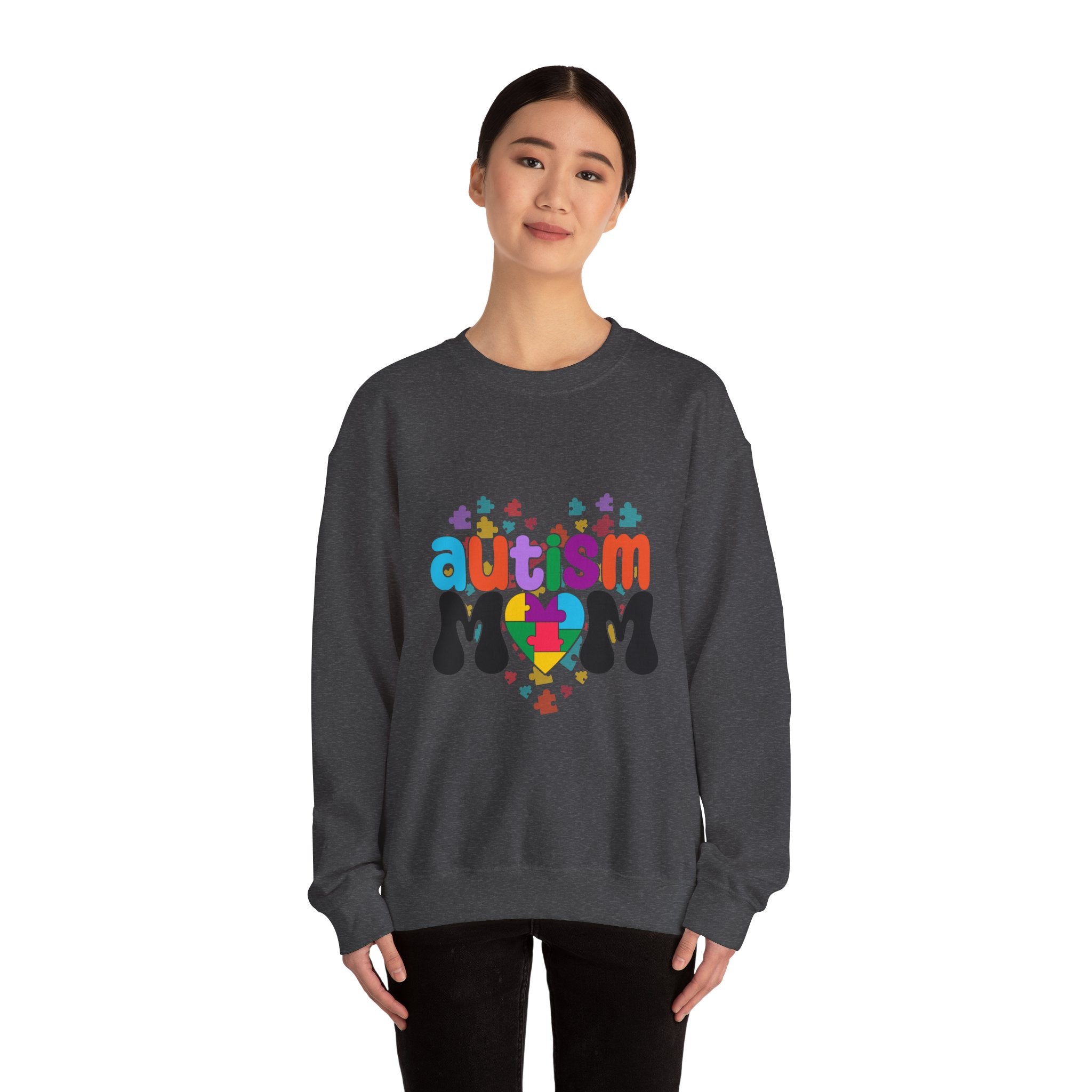 Autism Mom Crewneck Sweatshirt — Colorful Puzzle Heart Awareness Pullover