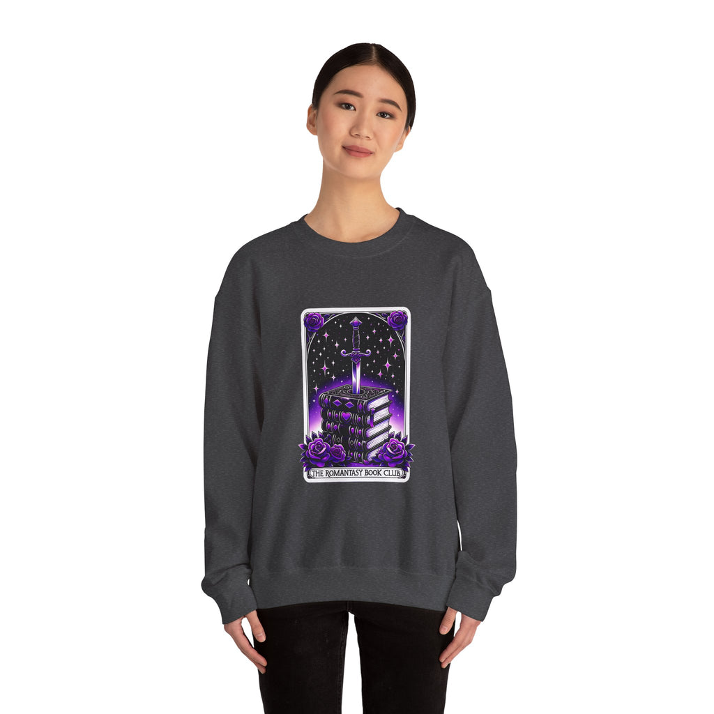 Crewneck Sweatshirt — The Bookish Witch: 'The Enchanted Book Club' Purple Sword & Books Graphic
