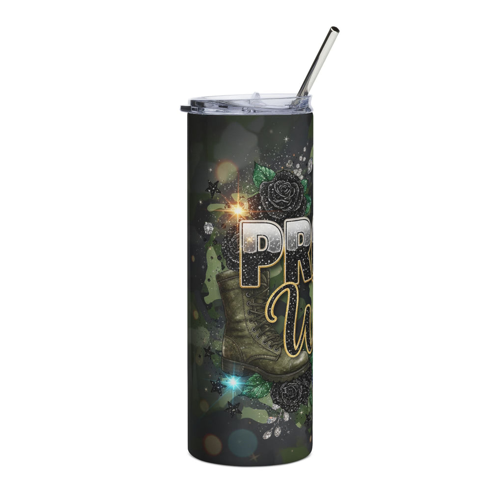 Proud Military Wife 20oz Stainless Steel Tumbler - Camo Flag Design