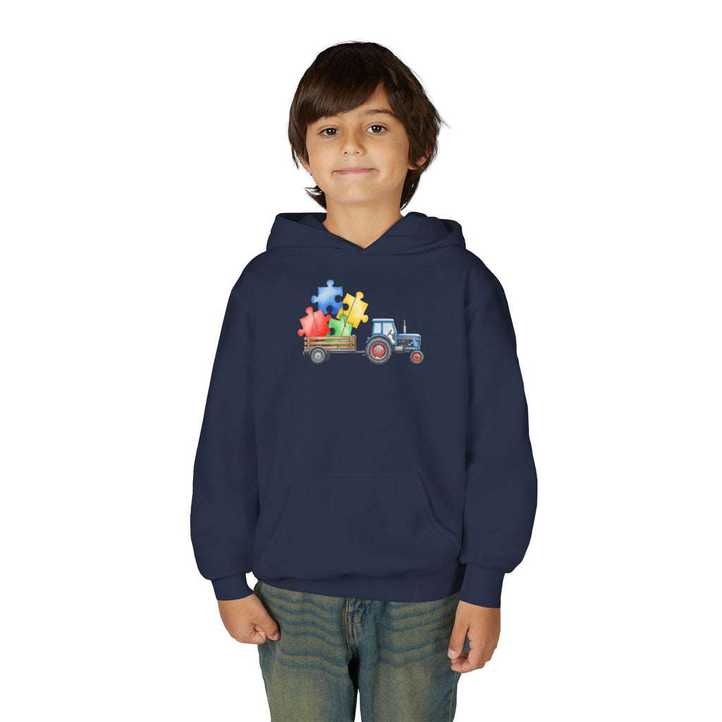 Kids Tractor Hoodie with Colorful Puzzle Pieces — Autism Awareness Youth Sweatshirt