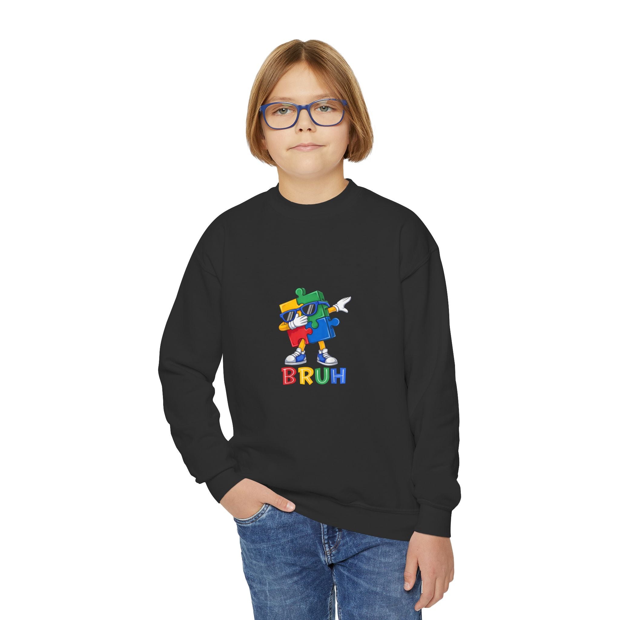 Youth Crewneck Sweatshirt — Colorful Cartoon Puzzle 'BRUH' Graphic