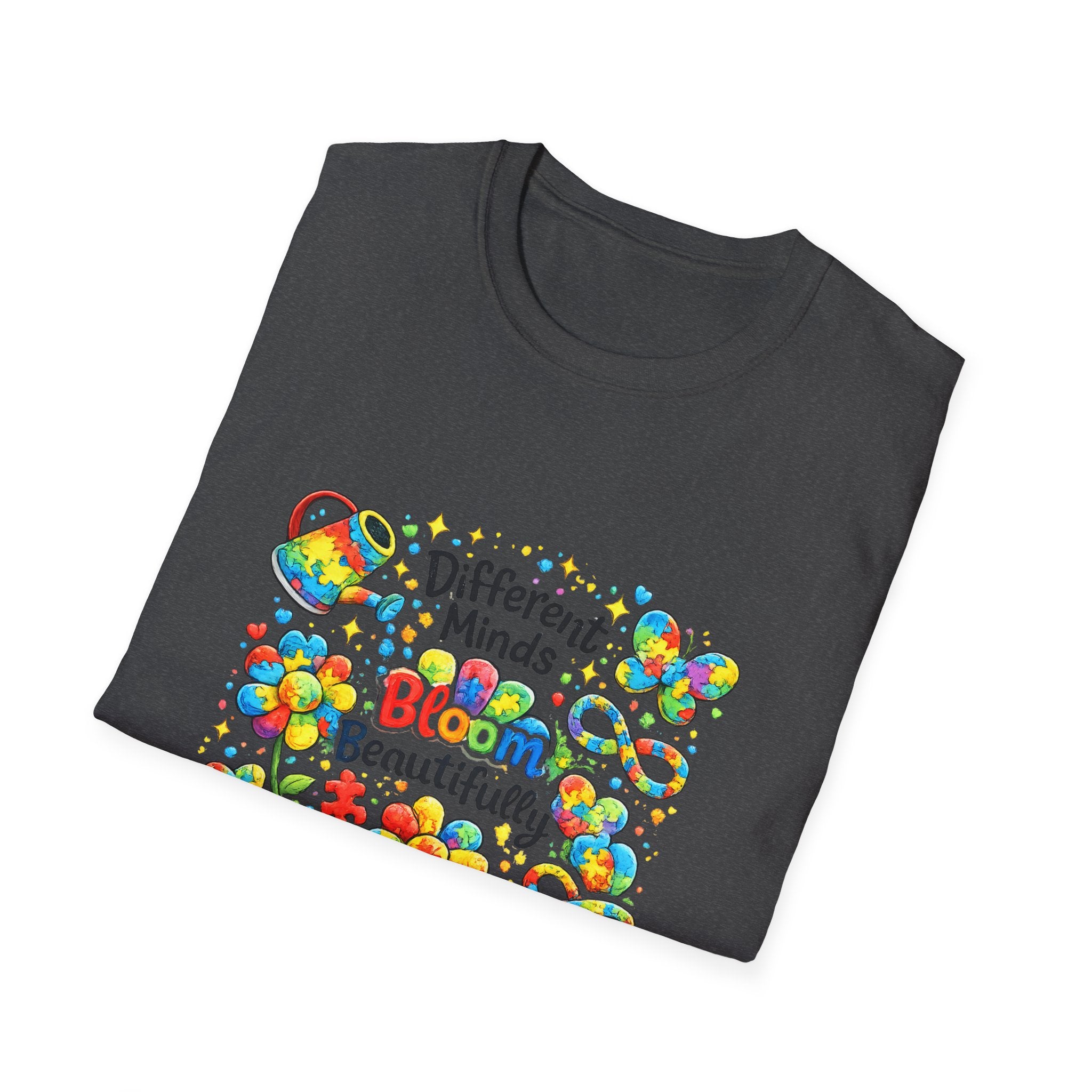 Autism Awareness T-Shirt – "Different Minds Bloom Beautifully" Colorful Puzzle Heart Design