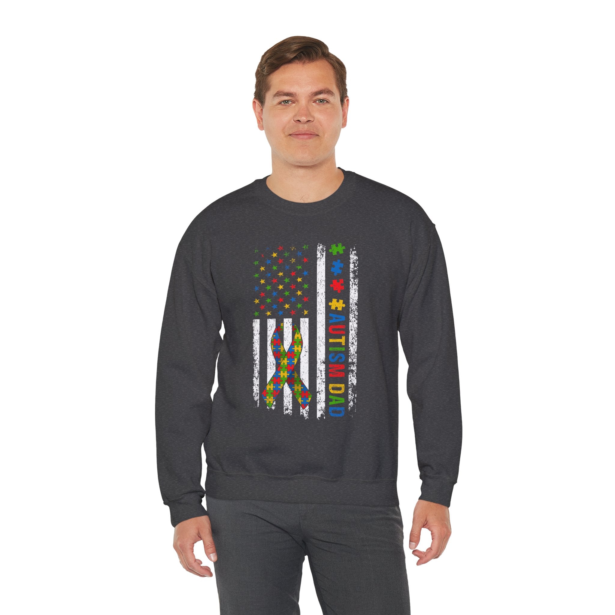 Autism Dad Puzzle Ribbon Crewneck Sweatshirt — Supportive Autism Awareness Pullover
