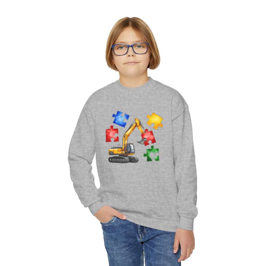 Kids Excavator Puzzle Crewneck Sweatshirt — Construction Autism Awareness