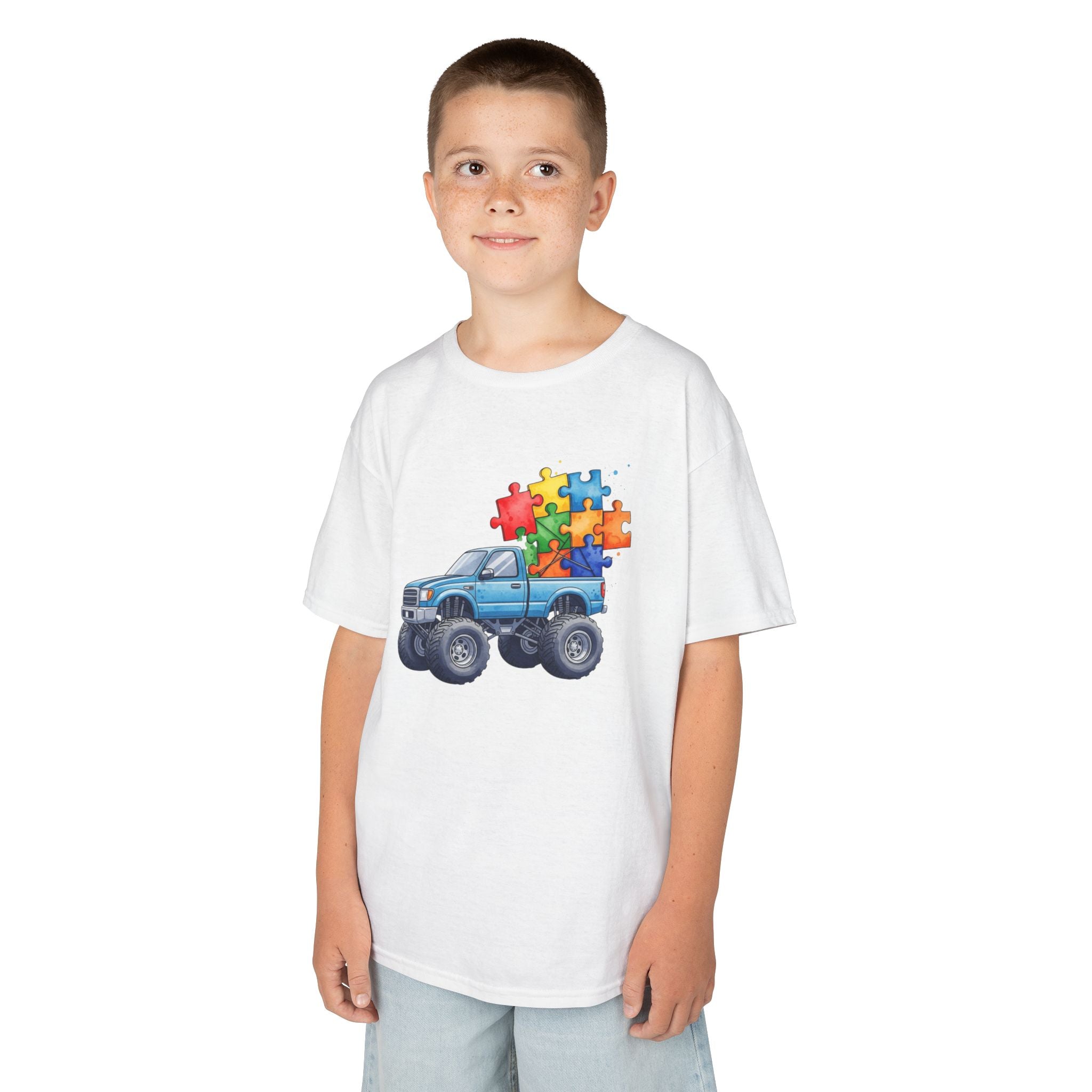 Kids Monster Truck Autism Awareness T‑Shirt — Puzzle Piece Ride