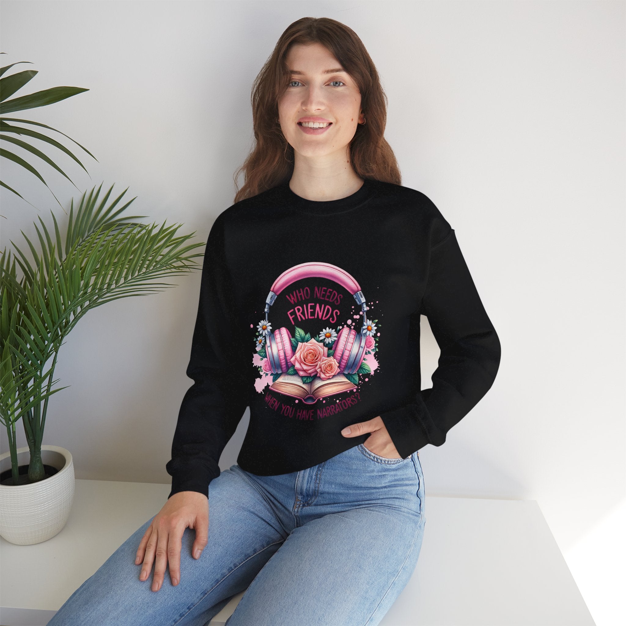Crewneck Sweatshirt - "Who Needs Friends When You Have Headphones" Floral Pink Headphone Design