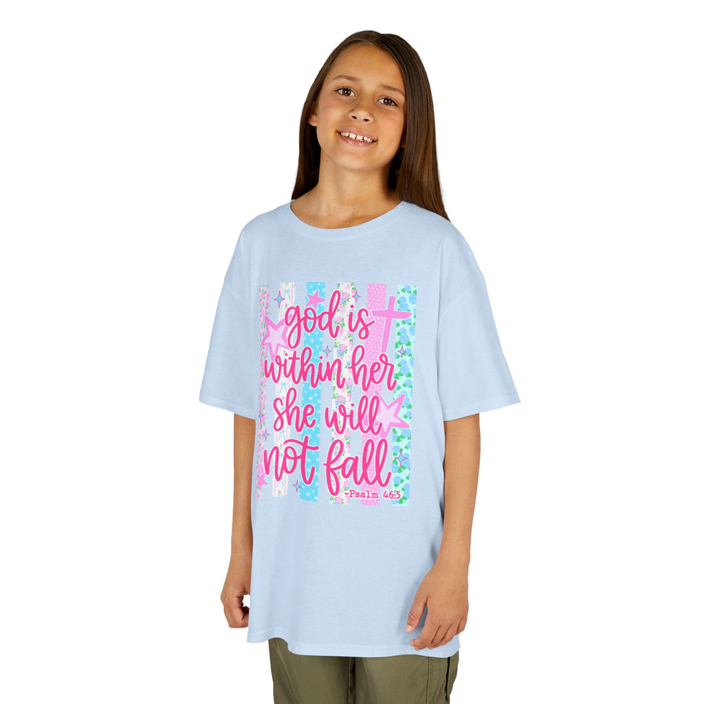 Kids Tee — "God is Within Her She Will Not Fall" Inspirational Girls T‑Shirt (Pink & Pastel)