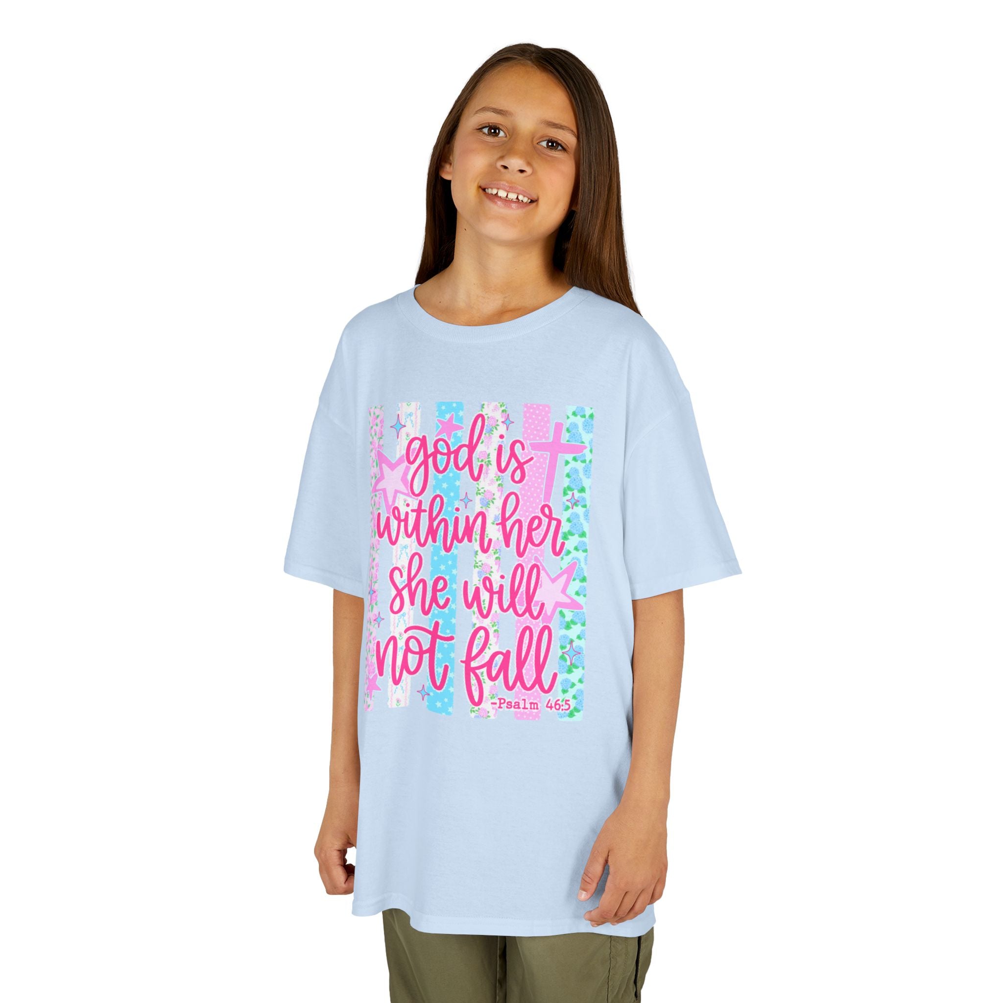 Kids Tee — "God is Within Her She Will Not Fall" Inspirational Girls T‑Shirt (Pink & Pastel)